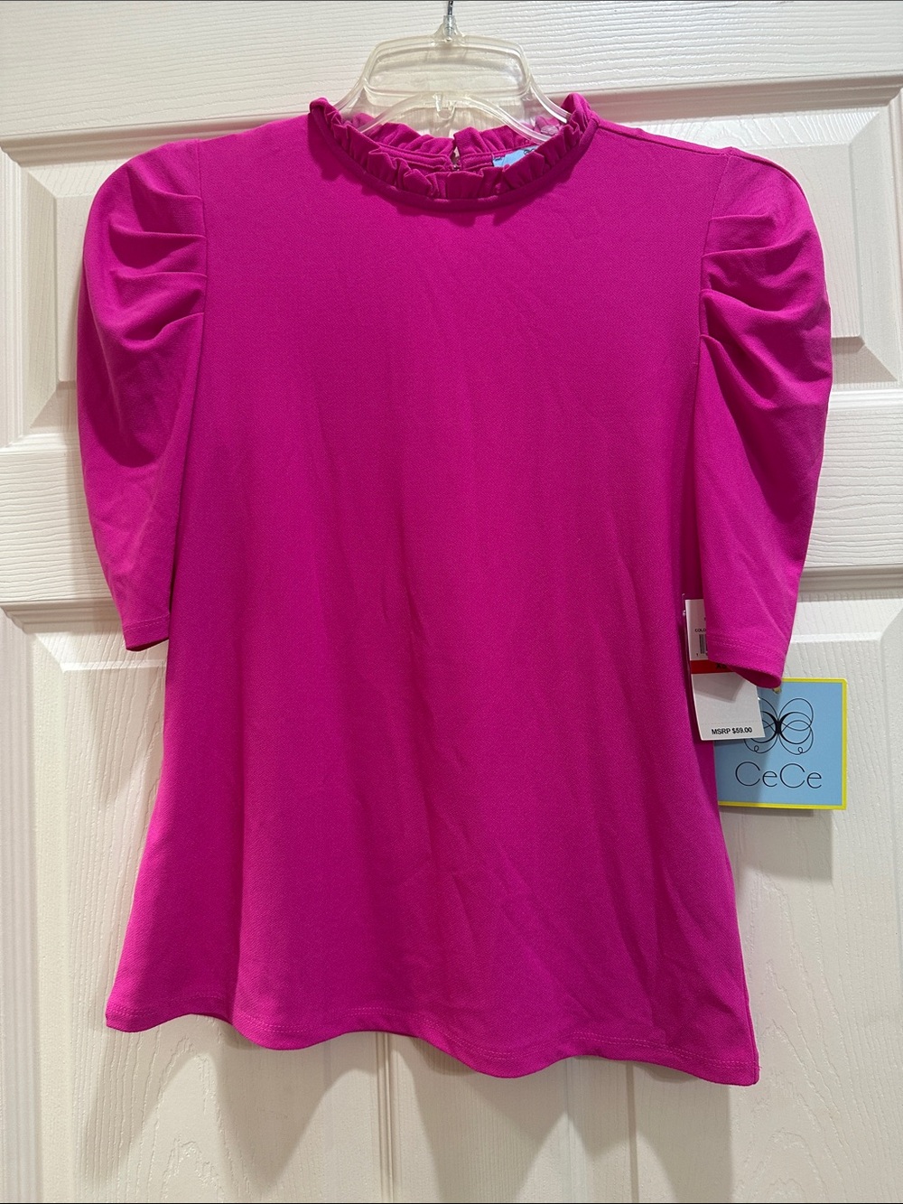 CeCe Bright Fuchsia Ruffle Neck Puff Sleeve Tee